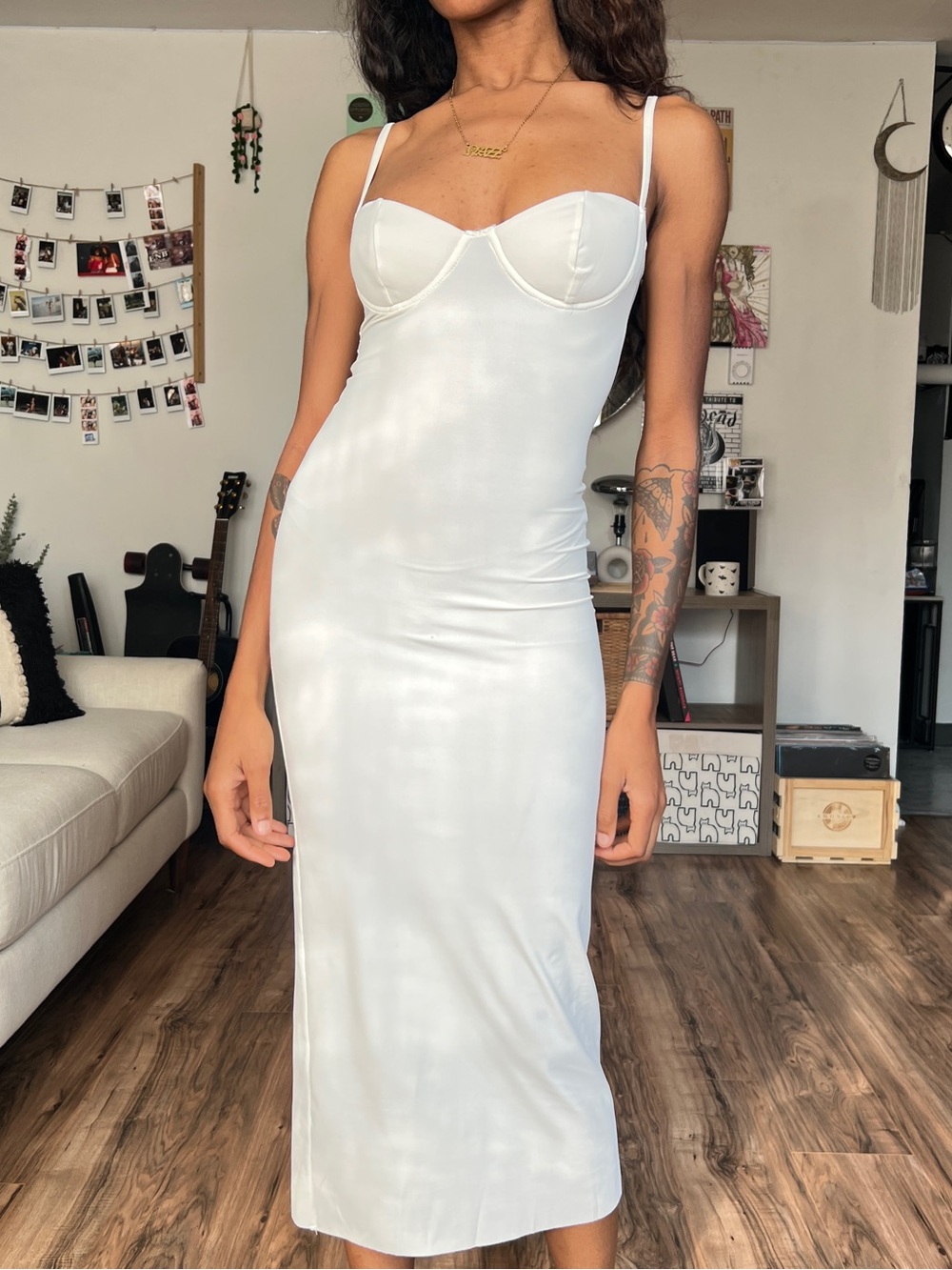 Kikiriki White Midi Dress with Spaghetti Straps